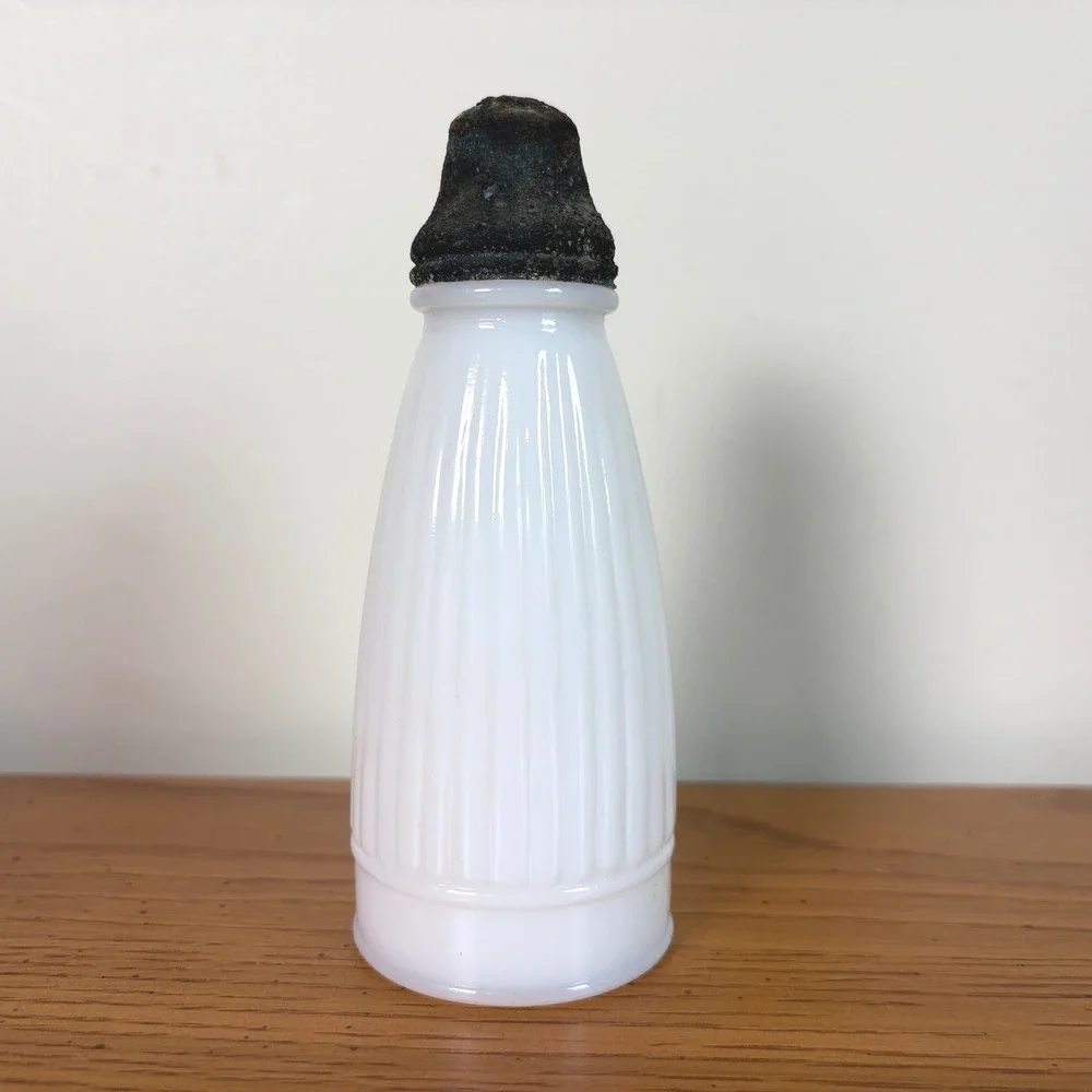 Vintage Ring of Fire Ribbed Milk Glass Salt Pepper Shaker with Metal Lid